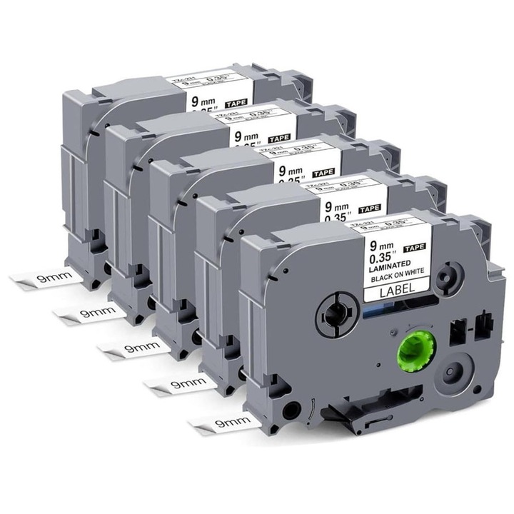 Set 5 benzi etichete OGOUGUAN 9mm, negru pe alb, laminat, pentru Brother P-Touch