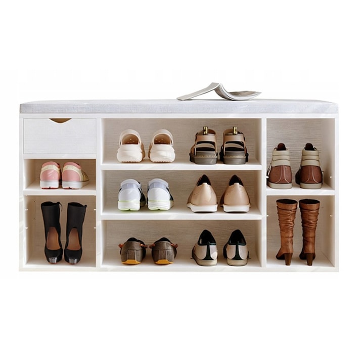 Cipősszekrény szürke ülőkével, loft stílusú, fehér pad, előszoba, modern BADU