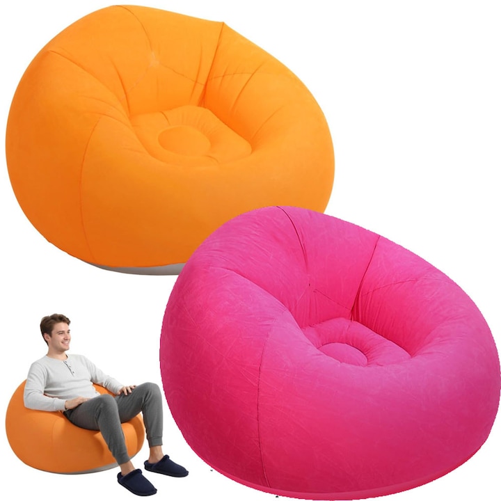 Set 2 Fotoliu gonflabil, bedee, Pliabila, Flocata/PVC, Greutate maxima 90 kg, Confortabila, Design ergonomic, Potrivit pentru sufragerie, dormitor, activitati in aer liber si camping, 88x30x54 cm, Portocaliu si Roz trandafir