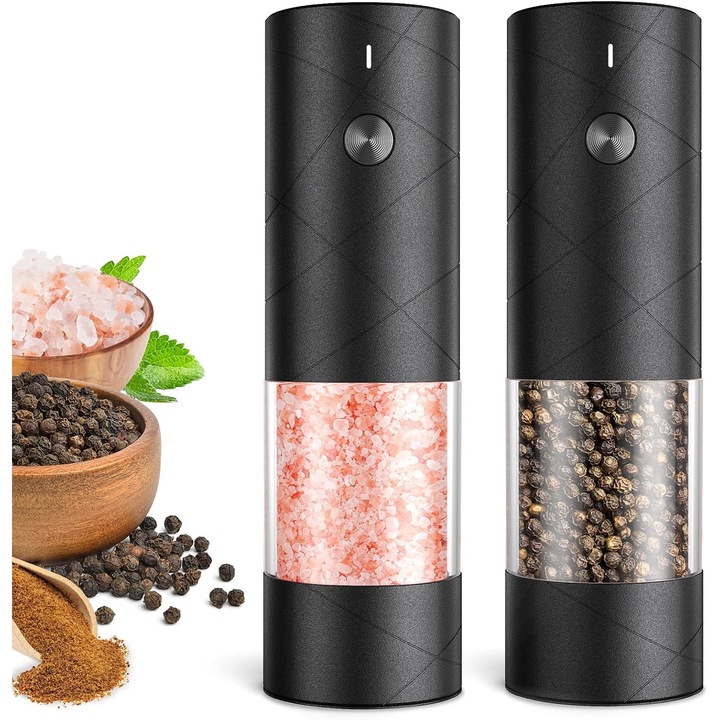 Set de 2 rasnite electrice pentru sare si piper, ajustare granulatie, cablu USB, negru