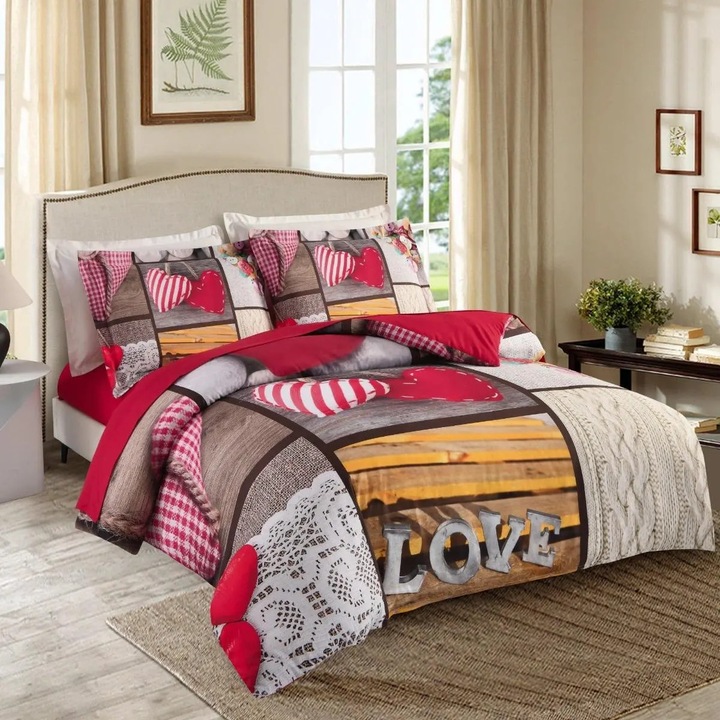 Lenjerie de pat poliester, Caressa Love, 2 persoane, multicolor, set 4 piese