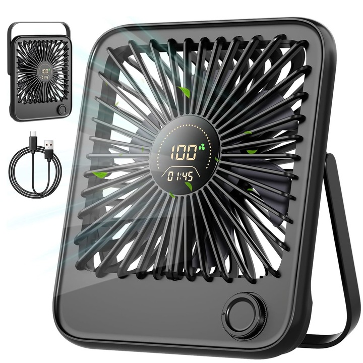 Ventilator Portabil De Birou, bedee®, 100 Viteze, Afisaj digital, incarcare USB, Acumulator 3600 mAh, Inclinare reglabila la 180°, Motor Brushless, Ultra Silentios, Pentru Casa, Birou, Camping, Voiaj, 3.2 x 13.5 x 16 cm, Negru