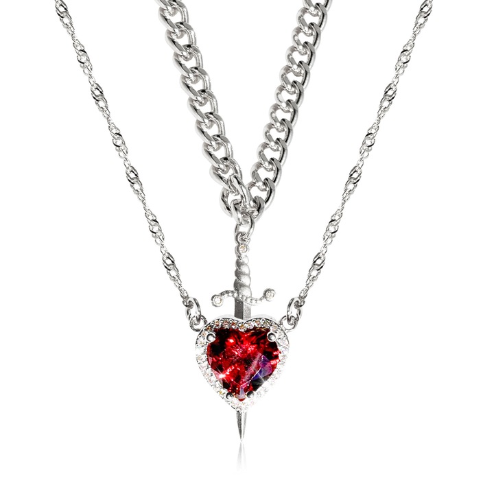 Colier dama, stratificat, cu pandantiv in forma de inima si dagger, cristal rosu, stil francez