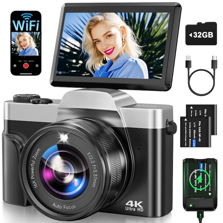 Aparat foto digital，SHIJOOE®，4K，64MP, Zoom 16x, ecran de 3 inci, ecran rabatabil la 180 de grade, Flash incorporat, transmisie WIFI/OTG, Focalizare automata, anti-vibrare, filtre multiple, cronometru，set cu 2 baterii si card de memorie 32G，Portabil