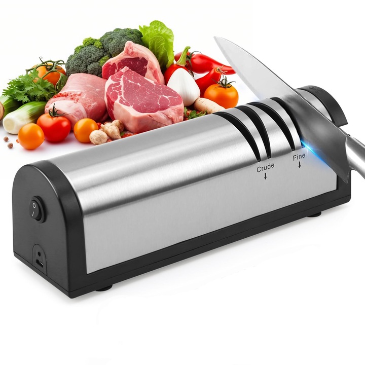 Elektromos Késélező, SHIJOOE®, Rozsdamentes acél, 5 nyílás, Újratölthető, élezés, finomítás, csiszolás, egyenesítés, gyémánt csiszolókoronggal, precíziós szögvezetőkkel, csúszásmentes talppal, sokféle kés- és ollótípushoz alkalmas