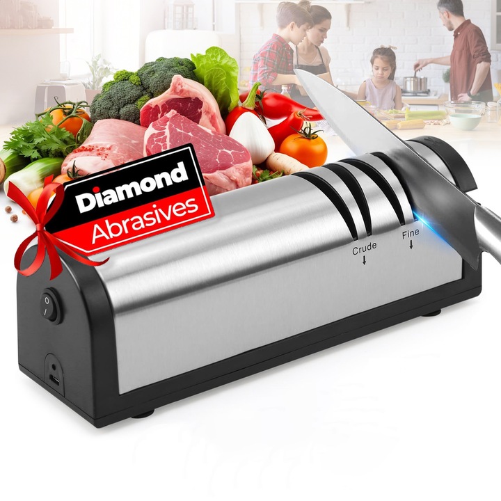 Ascutitor de Cutite Electric, SHIJOOE®，Inox，5 sloturi，Incarcabil，ascutire, finisare, slefuire, indreptare，cu disc abraziv din diamant, ghidaje unghiulare de precizie，Baza Antiderapanta，Potrivit pentru o gama larga de tipuri de cutite si Foarfeci