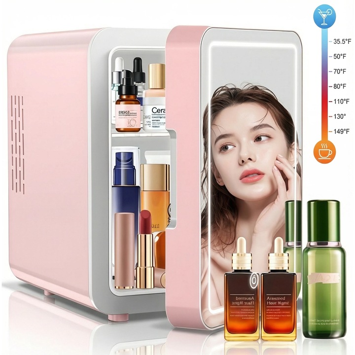 Mini Frigider Cosmetice Portabil, FOLIXS®, 4L, Functie Racire/Incalzire, cu Oglinda Cosmetica LED, Luminozitate reglabila, 2 moduri de alimentare, Partitie Detasabila, Functionare silentioasa, Roz