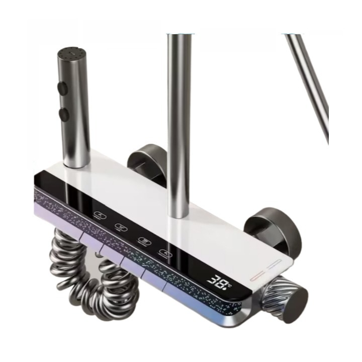 Coloana de Dus Inteligenta cu Afisaj LED Ceas, Control Termostatic, 4 Moduri de Pulverizare si Tehnologie de Pulverizare cu Aer, Neagra, Estetica si textura combinate, Viteze multiple ale apei