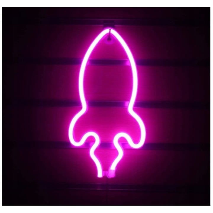 Lampa neon LED PartyOn racheta roz, 29x14,5cm, decorativa pentru camera