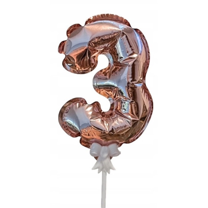 Balon, PartyOn, cifra 3, rose gold, 14cm, set cu suport