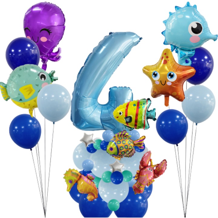 Set baloane aniversare cifra 4, PartyOn, animale marine, 18 baloane 10 inch, 15 baloane 5 inch, colorat