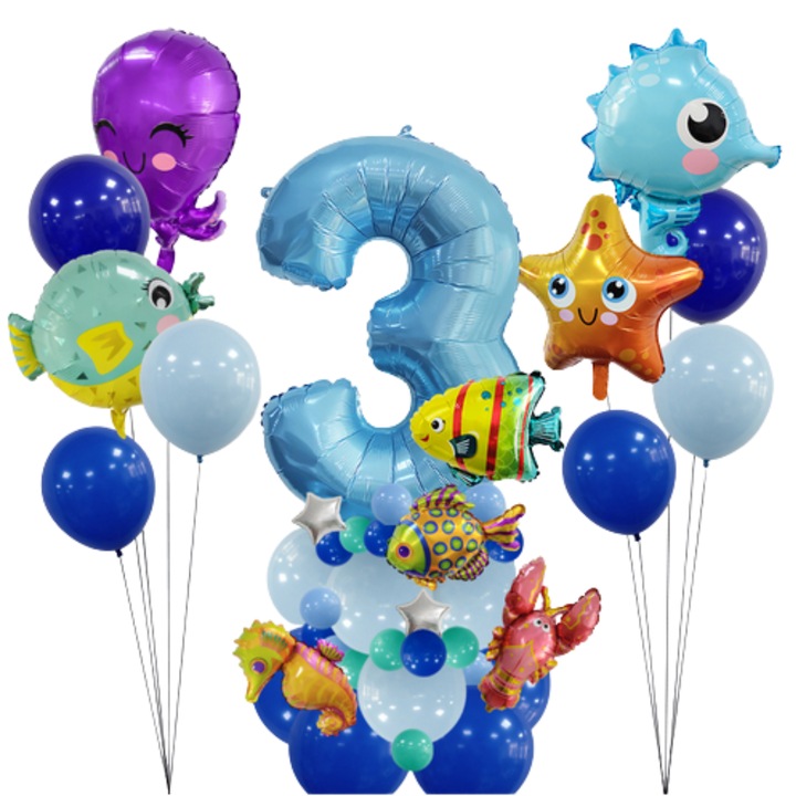 Set baloane cifra 3, PartyOn, animale marine, 18 baloane 10 inch, 15 baloane 5 inch, colorat