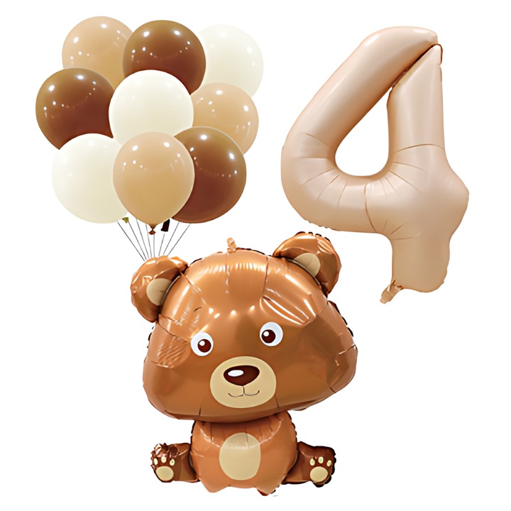 Set baloane foliowe cifra 4, PartyOn, misiu, crem, brown, bej, 32x70cm