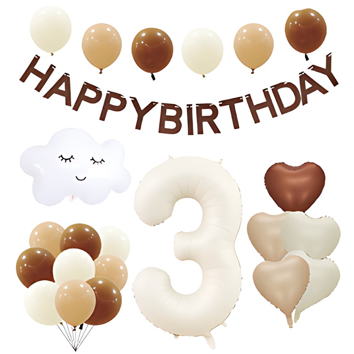 Zestaw baloane foliowe 3, PartyOn, chmura, inimioare, crem, 10 inch