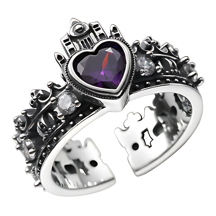 Inel argintiu cu inimioara si coroana, PartyOn, ajustabil, bijuterii dama