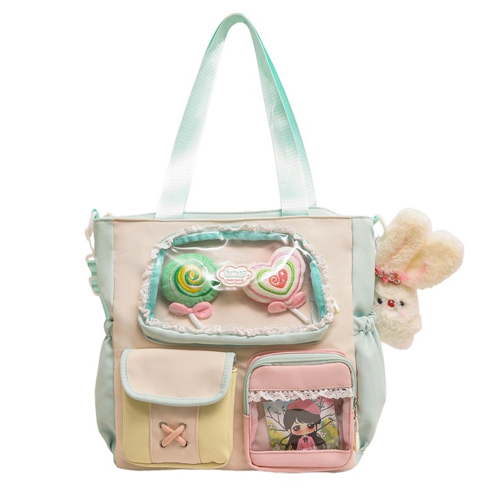 Vízálló iskolatáska, anime/rajzfilm design, zöld, egyvállas