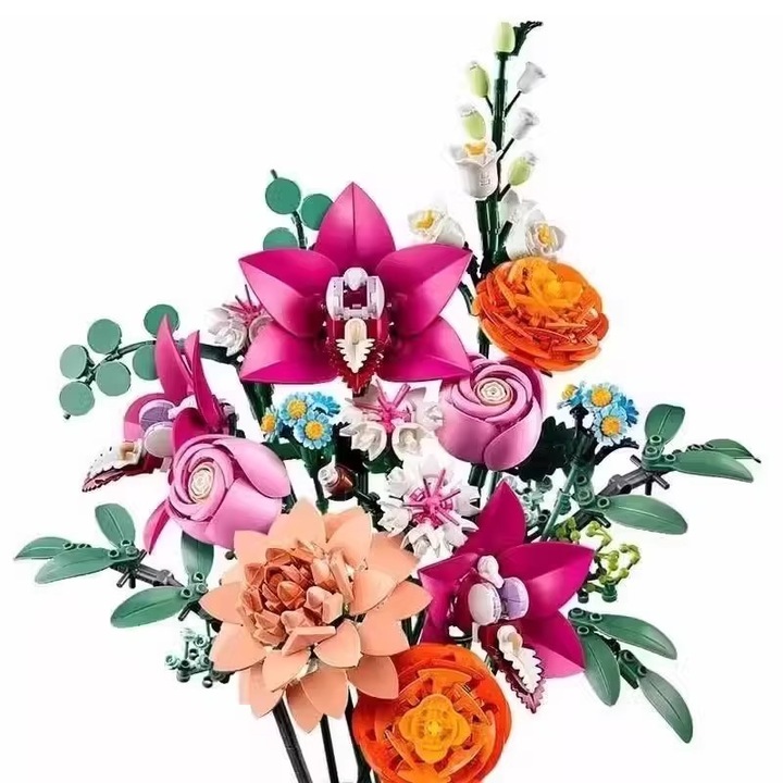 Set de constructie, buchet de flori roz, jucarii pentru copii