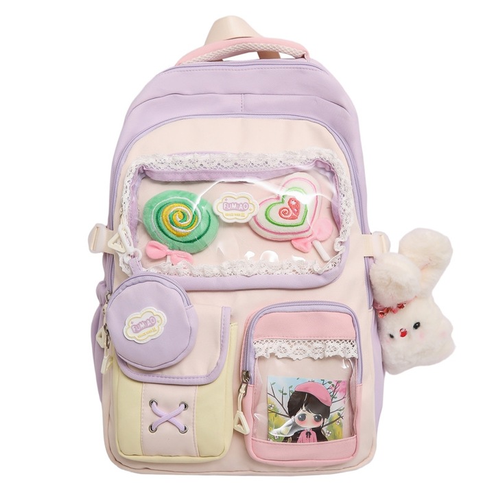 Vízálló iskolatáska, anime/rajzfilm design, lila, dupla pántokkal