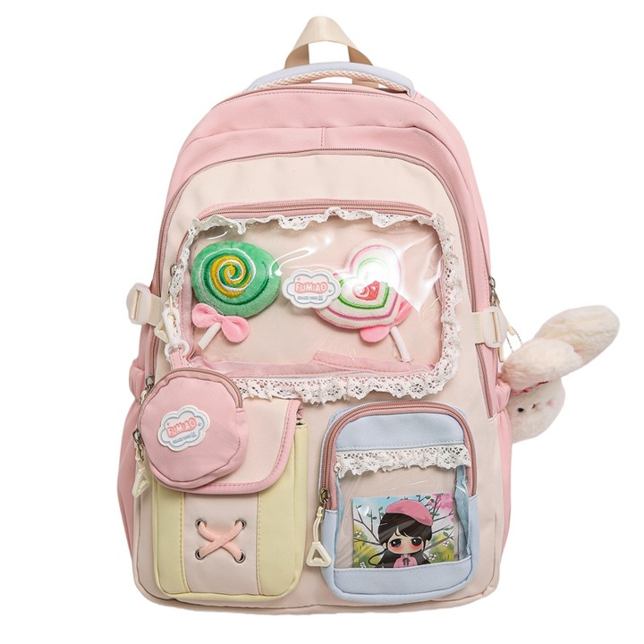 Vízálló iskolatáska, anime/rajzfilm design, rózsaszín, dupla pántos