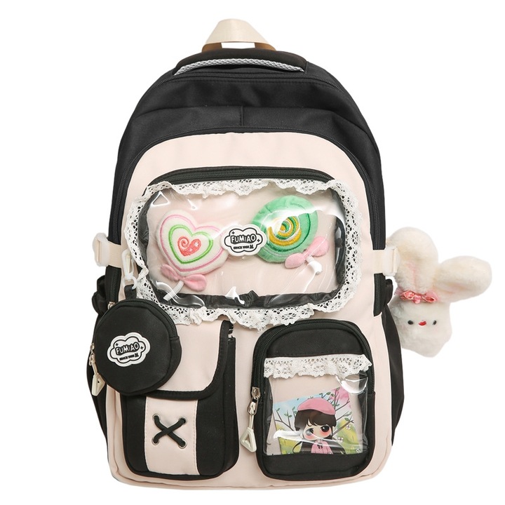 Vízálló iskolatáska, anime/rajzfilm design, fekete, dupla pántok