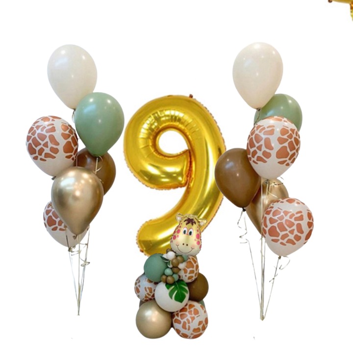 Set baloane cifra 9, PartyOn, tematica Zoo, 8 baloane 12 inch, 16 baloane 10 inch, multicolor