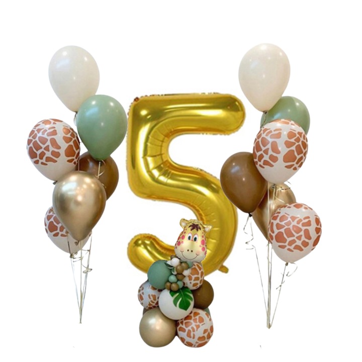 Set baloane Zoo cu cifra 5, PartyOn, 8 baloane 12 inch, 16 baloane 10 inch, multicolor