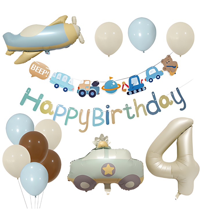 Set baloane foliowe cifra 4, masina, avion, albastru, bej, maro, 32x10inch, pentru petrecerea de aniversare a copilului