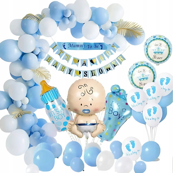 Set decorativ Baby Shower baietel - PartyOn, 35+ elemente, baloane folio si latex, albastru, alb, argintiu