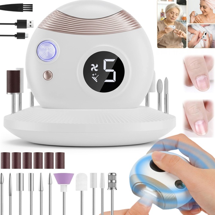 Unghiera electrica profesionala, multifunctionala pila de unghii 3 in 1 pentru taiere si slefuire, Lustruire si uscare UV intr-un singur proces la 360 de grade, lumina LED, silentioasa, ideala pentru copii, adulti, varstnici, 11 capete de slefuit