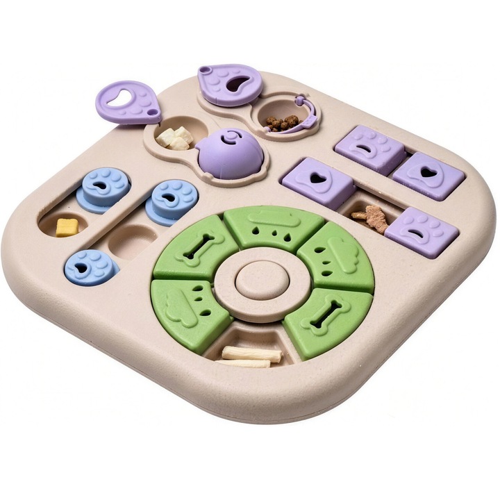 Interaktív játék kutyáknak és macskáknak, IQ-edzéshez és pszichológiai stimulációhoz, Etetés, Lassú etetés, Hat nyílású forgókerékkel és csúsztatható blokkokkal a jutalomfalatokhoz