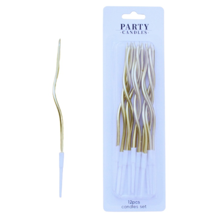 Set 12 lumanari de tort spiralate aurii, PartyOn, pentru petreceri, lungi, metalice