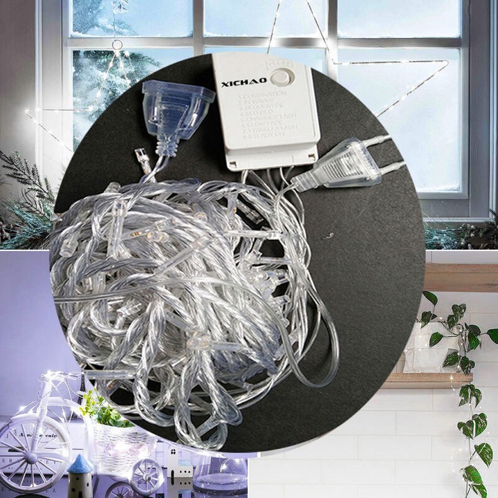 Culoare alba, 30M, 300 LED, lumini de decorare cu telecomanda, 8 moduri de iluminare, set pentru petrecere, nunta, interior/exterior