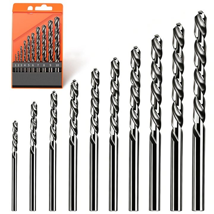 Set 10 Burghie 1mm-10mm, DEYKAY Set de Burghie cu Coada Dreapta HSS Otel Rapid pentru metal, otel, lemn, Varf Divizat la 135 de Grade, Finisaj Gri
