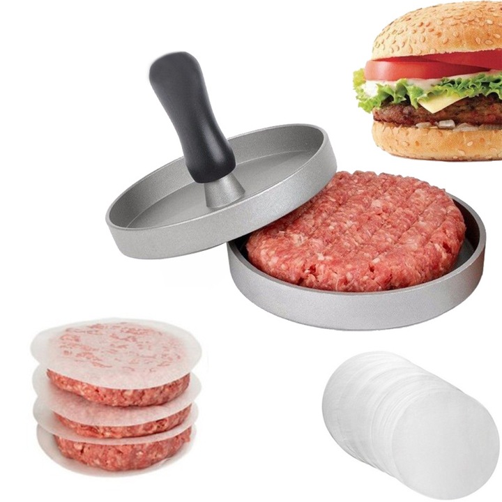 Forma pentru hamburger, include 40 foi de copt, dimensiune 11.5cm, argintie