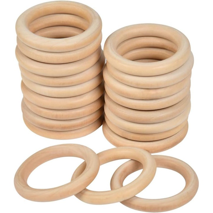 Set de 20 inele din lemn natural 70mm, nefinisate, pentru bijuterii handmade, decoratiuni, proiecte DIY