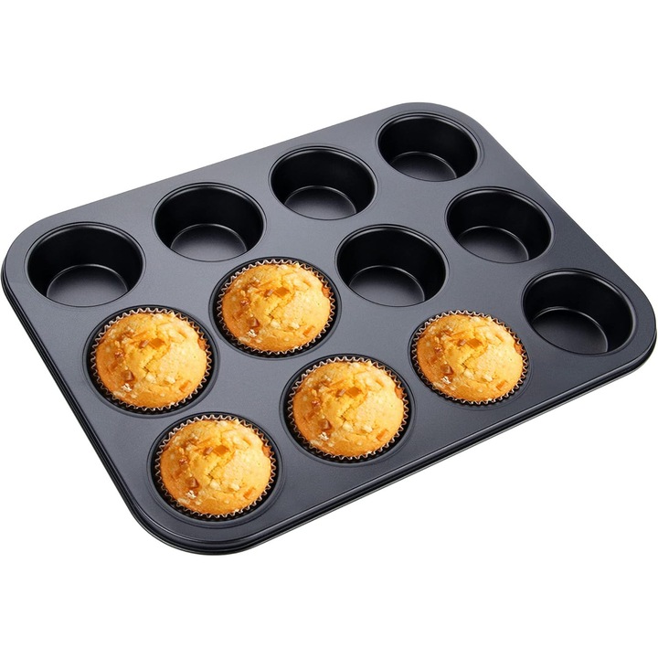 Tava de copt pentru gogosi, 12 cavitati, carbon solid, rezistent la temperaturi ridicate, 35x26.5x3cm, neagra