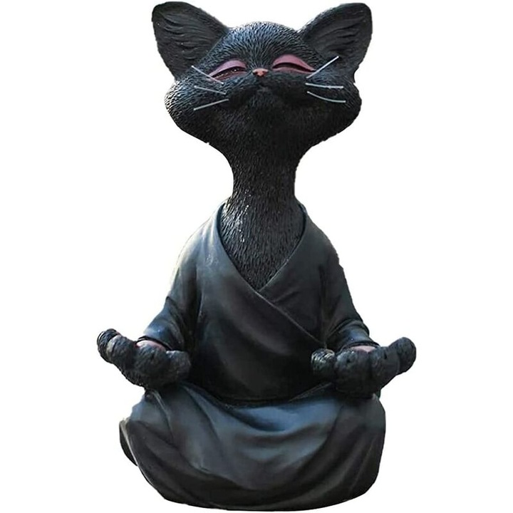 Figurina pisica Buddha neagra, decor meditatie yoga, sculptura pisica fericita, 12.5x8x5.5cm, rasina pictata manual