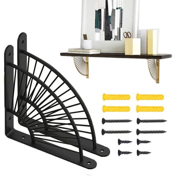 Suporturi pentru rafturi, set de 2, design in forma de fan, metal, negru, usor de instalat