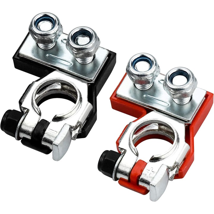 Cleme pentru baterie auto, 2 bucati, cu terminale + si -, compatibile cu baterii 12V si 24V, argintii, dimensiune 16mm