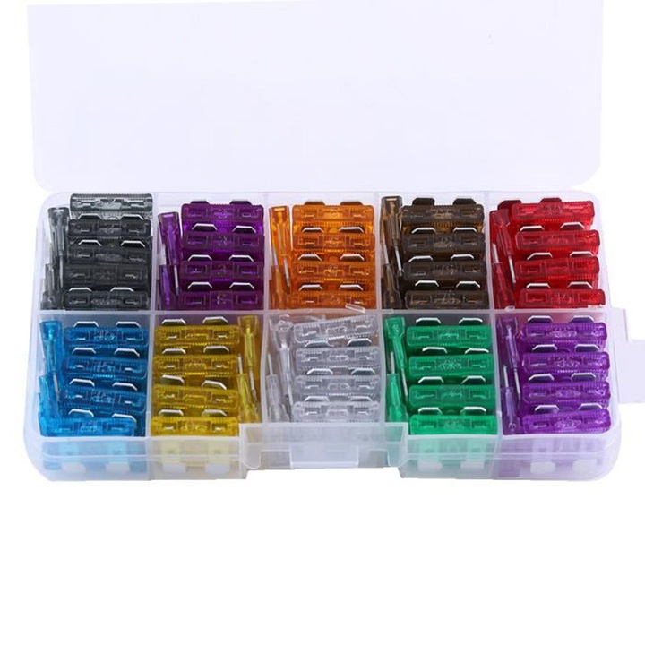 Set 100 sigurante tip lama 2A-35A pentru masina si motocicleta, dimensiuni 19mm x 5mm x 18.5mm, multicolor