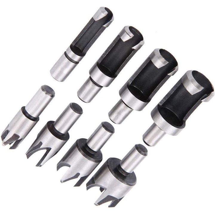 Set 8 burghie pentru dopuri din lemn, dimensiuni 6x10x13x16mm, culoare argintiu/negru