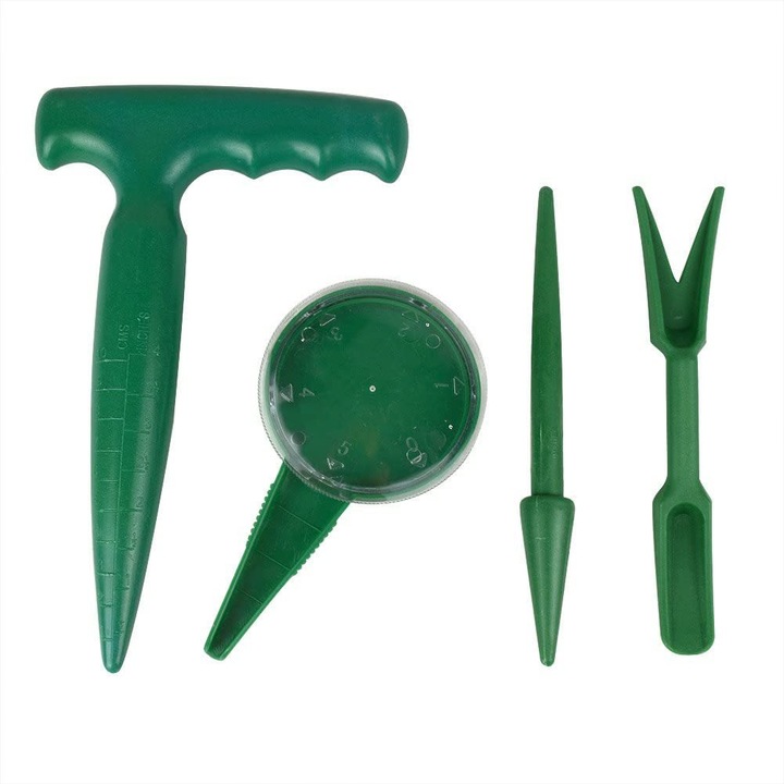 Set de 4 unelte mini pentru gradinarit, pistol de plantare, semanator cu reglaj, verde