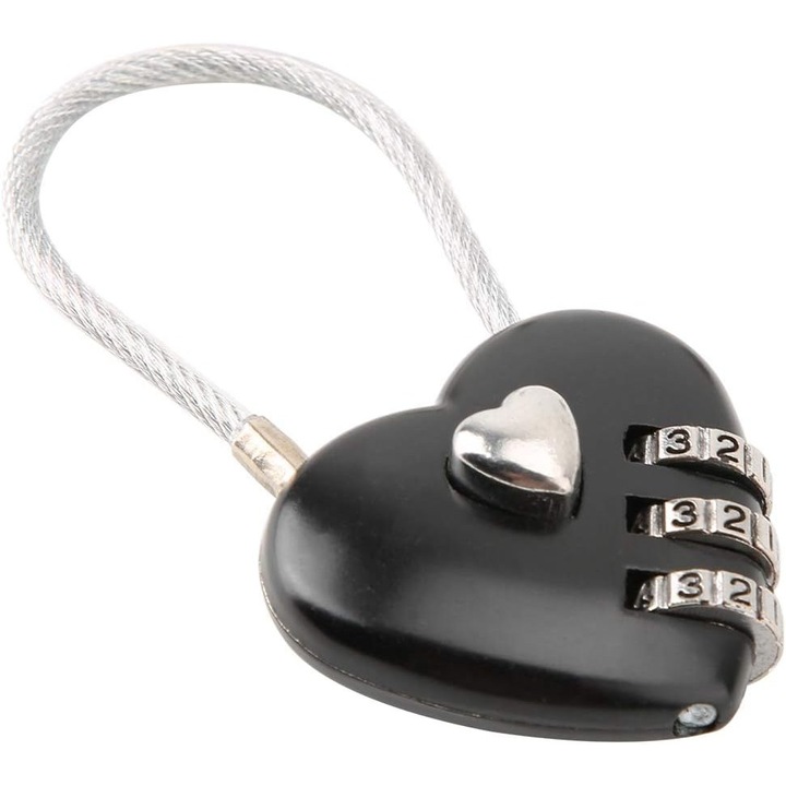 Катинар с 3-цифрена комбинация, форма на сърце, черен, компактен размер