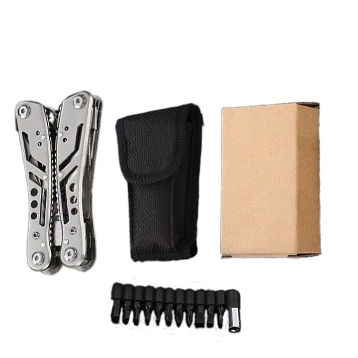 Cleste multifunctional 12 in 1, cutit pliabil, surubelnite, din inox, design ergonomic, portabil