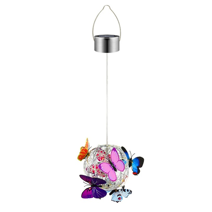 Lampa solara suspendata cu fluturi colorati, impermeabila, decorativa pentru gradina, 20 LED-uri