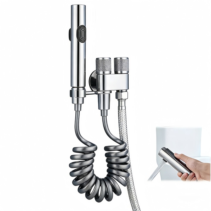 Set dus igienic WC DRAGO™ cu pulverizator manual, cap ABS cu jet dublu, furtun metalic cu arc, robinet unghiular din otel inoxidabil, finisaj cromat argintiu