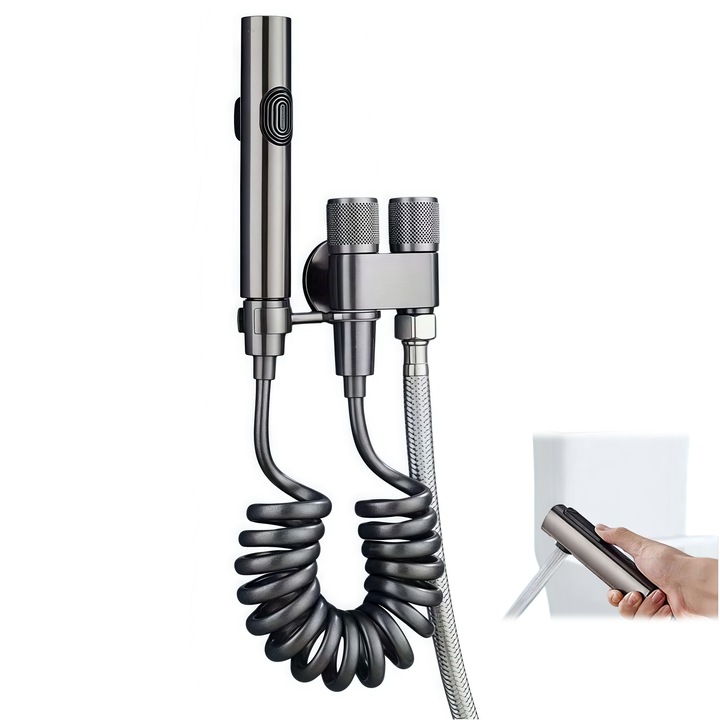 Set dus igienic WC DRAGO™ cu pulverizator manual, cap ABS cu jet dublu, furtun metalic cu arc, robinet unghiular din otel inoxidabil, finisaj gri inchis