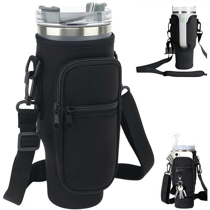 DRAGO™ Vizespalack tartó táska Stanley 40/30 oz-hoz, neoprén tok telefontartó zsebbel, állítható pánttal, dupla cipzárral, karabinerrel és kulcstartóval, fekete