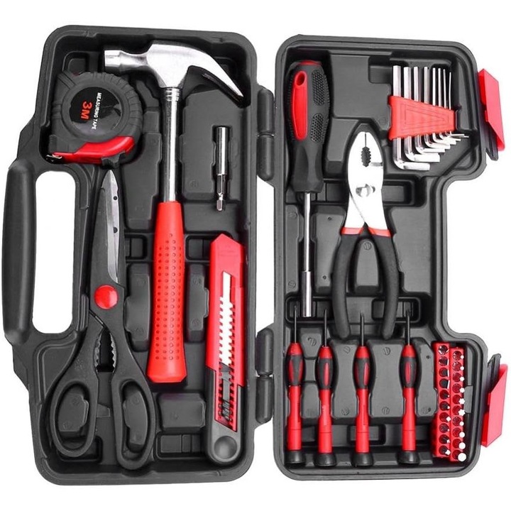 Set de unelte manuale 39 piese, kit de reparatii pentru acasa, unelte mecanice pentru reparatii zilnice, cutie de depozitare, compact.