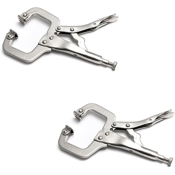 Set de 2 cleme C metalice cu surub ajustabil si placi rotative, 28.5 cm, pentru suprafete inegale si colturi